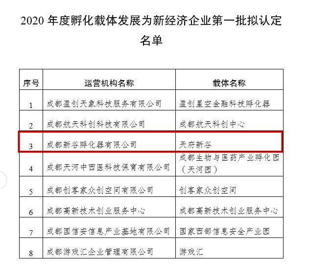 年度新经济企业 新谷孵化器获2020首批 “孵化载体发展为新经济企业评定”